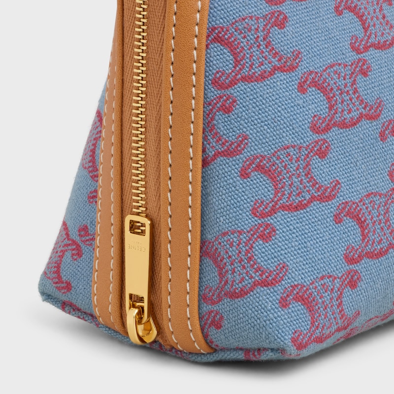 Clutch on Chain IN TEXTILE WITH TRIOMPHE ALL OVER AND NATURAL CALFSKIN - DENIM BLUE / RED - MORE LINES - 1 | CELINE