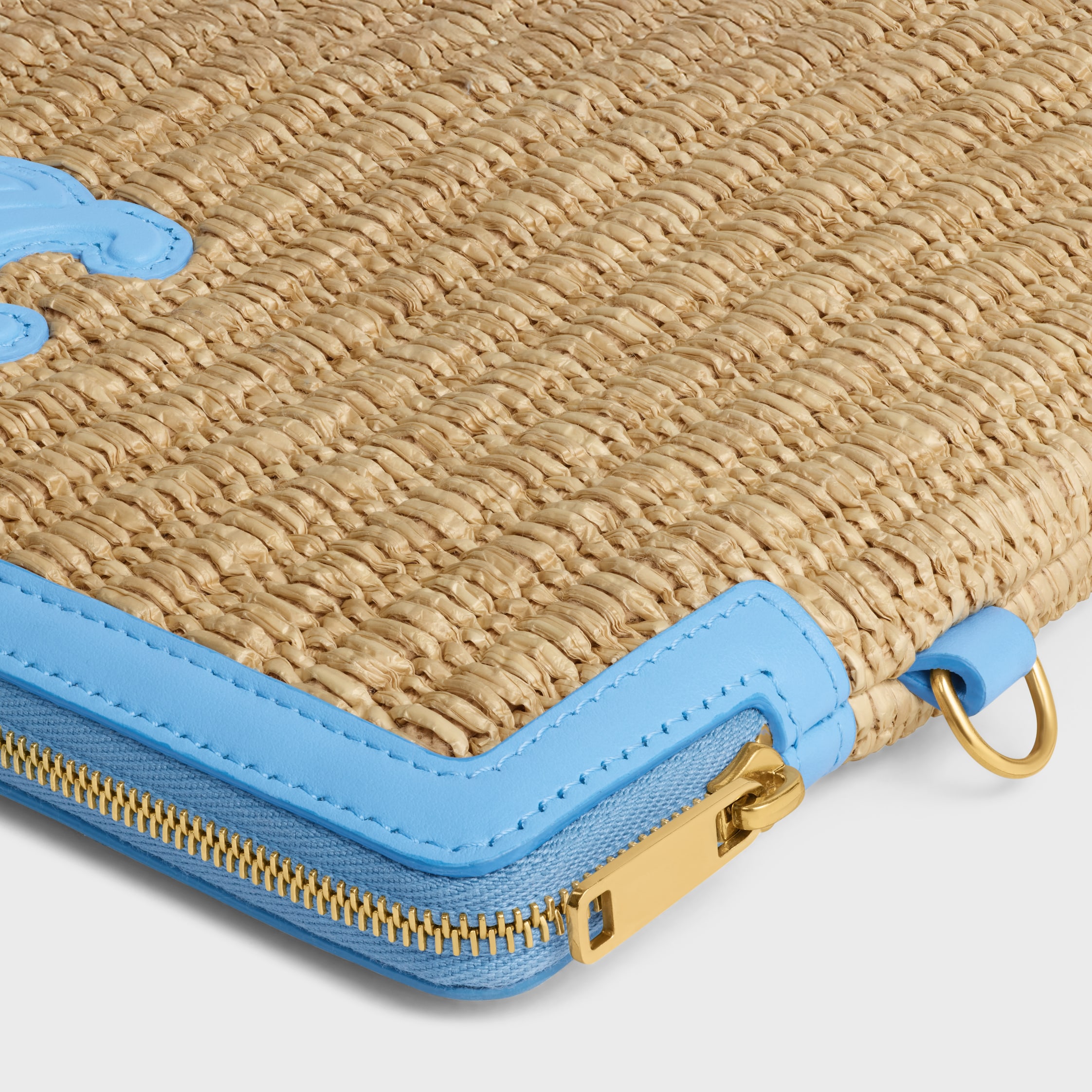 SMALL POUCH WITH STRAP IN raffia effect textile and calfskin - SKY