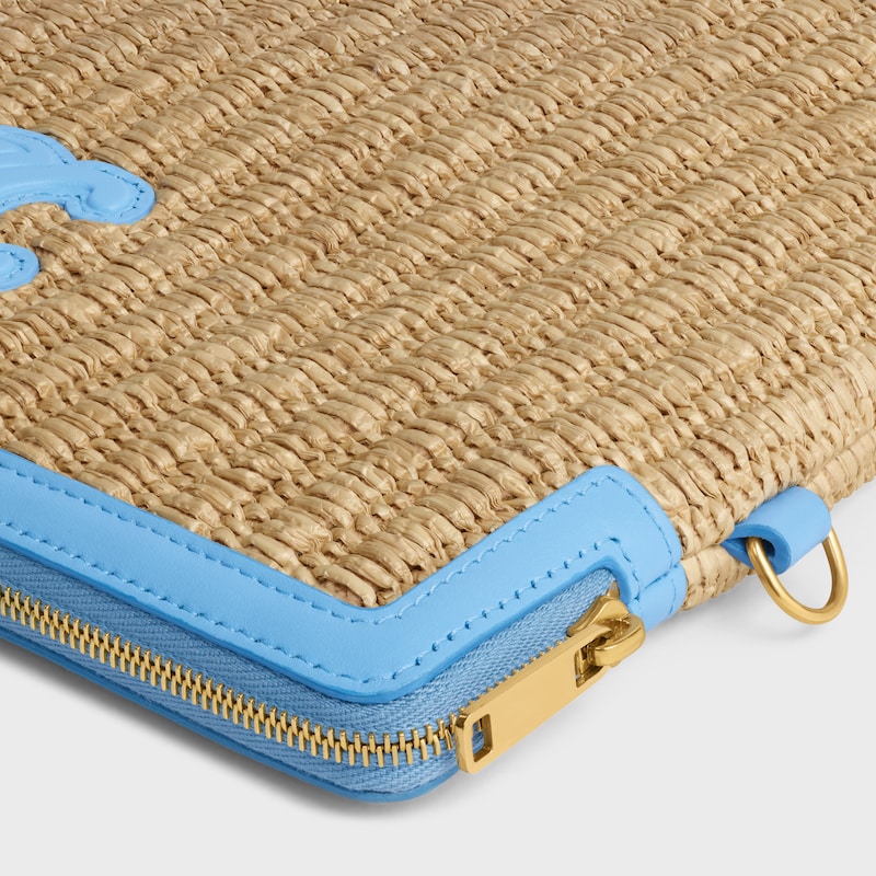 SMALL POUCH WITH STRAP IN raffia effect textile and calfskin - SKY BLUE - POUCHES AND TECH ACCESSORIES - 1 | CELINE