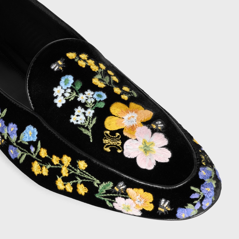 AURA LOAFER IN Flowers Embroidered Velvet - BLACK -  - 1 | CELINE