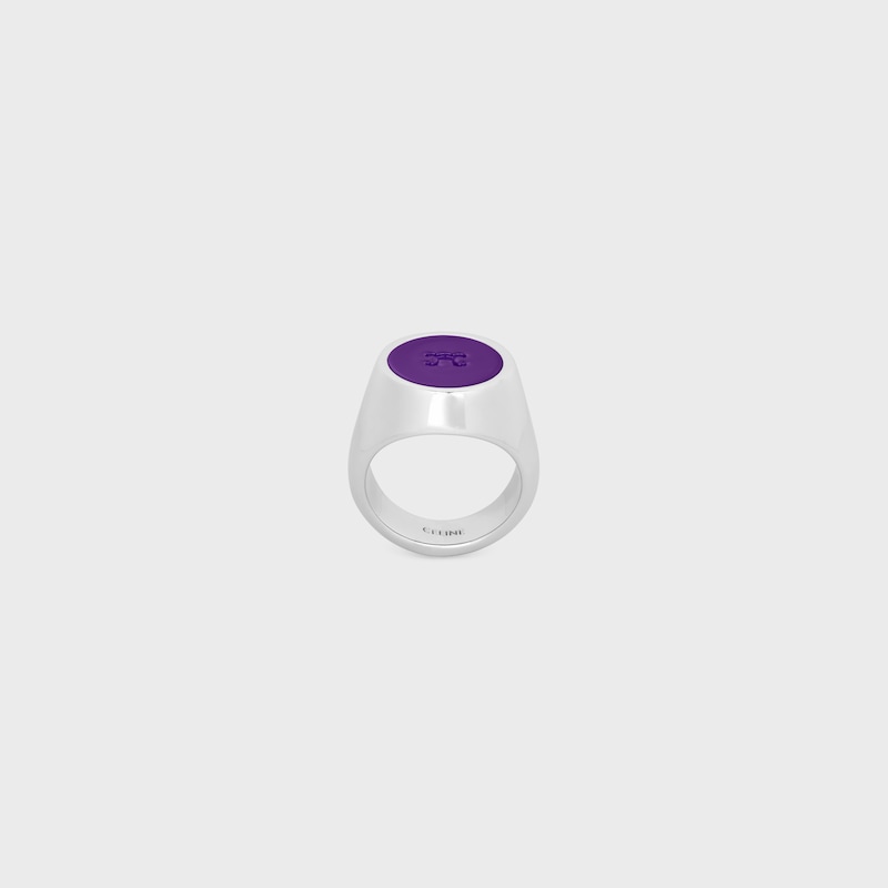 Triomphe Signet Ring in Varnish and Brass with Rhodium Finish - SILVER / PURPLE -  - 1 | CELINE