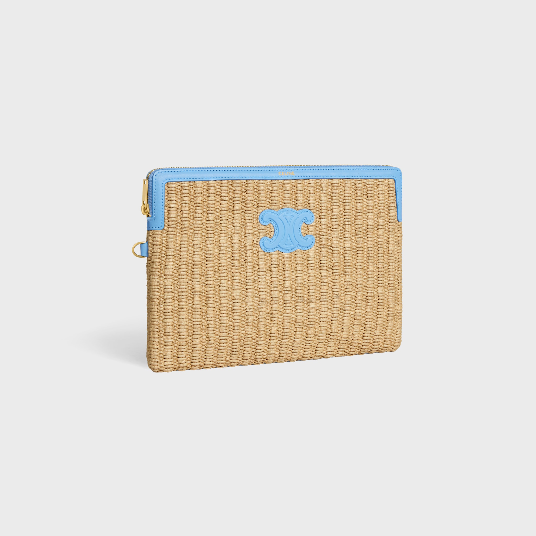 SMALL POUCH WITH STRAP IN raffia effect textile and calfskin - SKY