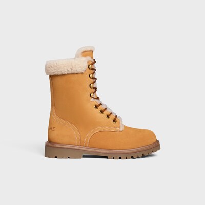 CELINE KURT LACE-UP MID BOOT in NUBUCK CALFSKIN AND SHEARLING - LIGHT TAN/NATURAL -  - 4 | CELINE