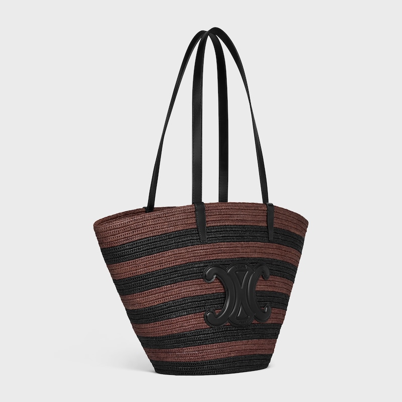 COUFFIN CELINE CLASSIC PANIER IN STRIPED RAFFIA AND CALFSKIN - BLACK / BROWN - HOBO AND TOTE BAGS - 1 | CELINE