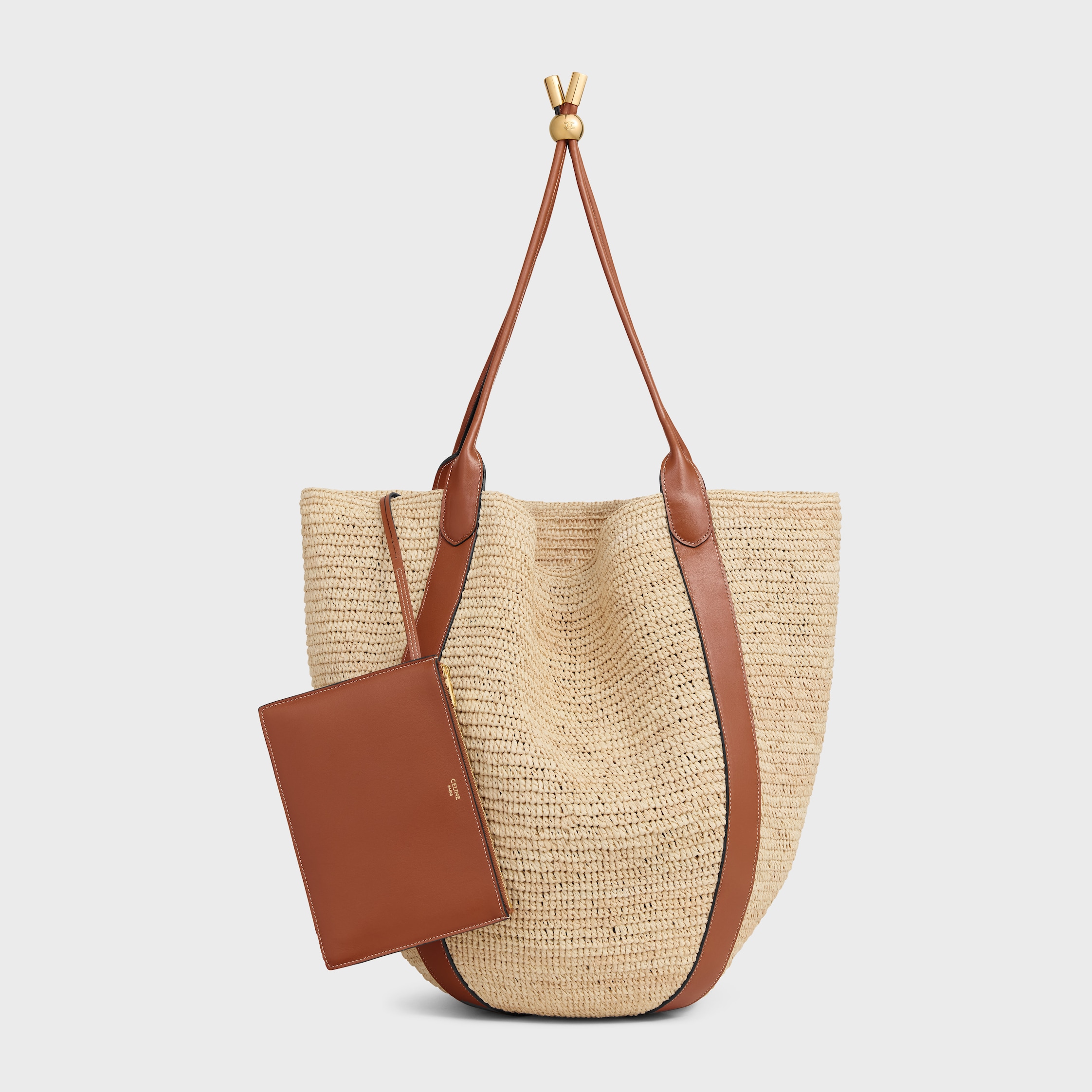 LARGE DROP BUCKET BAG IN RAFFIA AND CALFSKIN - TAN | CELINE