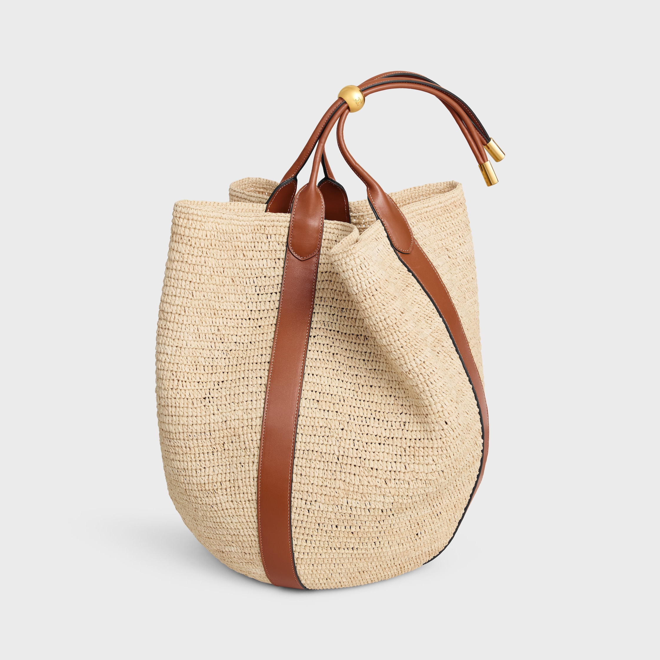 LARGE DROP BUCKET BAG IN RAFFIA AND CALFSKIN - TAN | CELINE