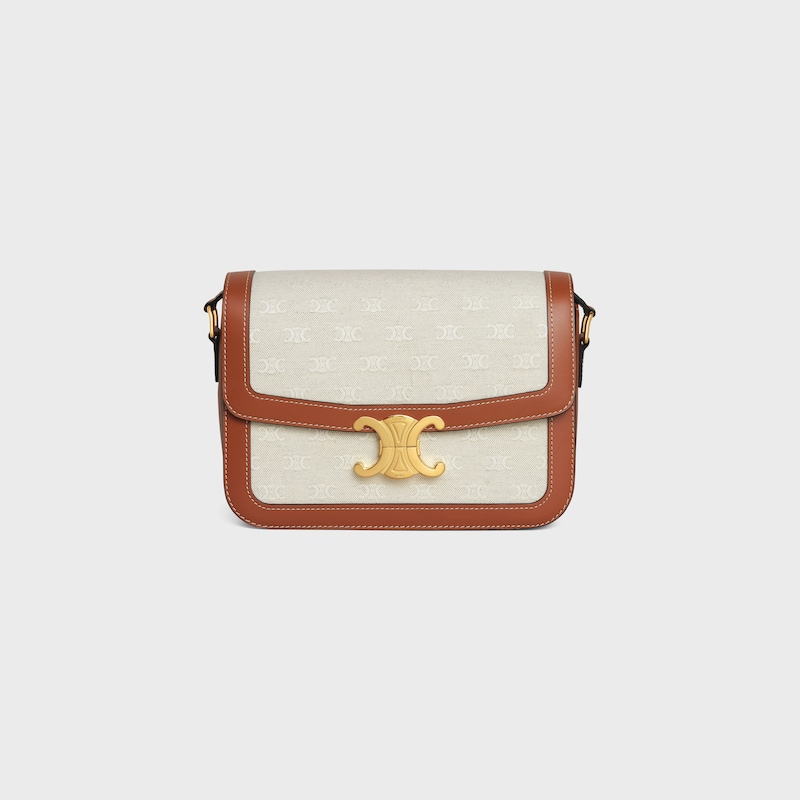 Classique Triomphe Bag in TEXTILE WITH TRIOMPHE ALL-OVER AND CALFSKIN - NATURAL / TAN - SHOULDER BAGS - 1 | CELINE