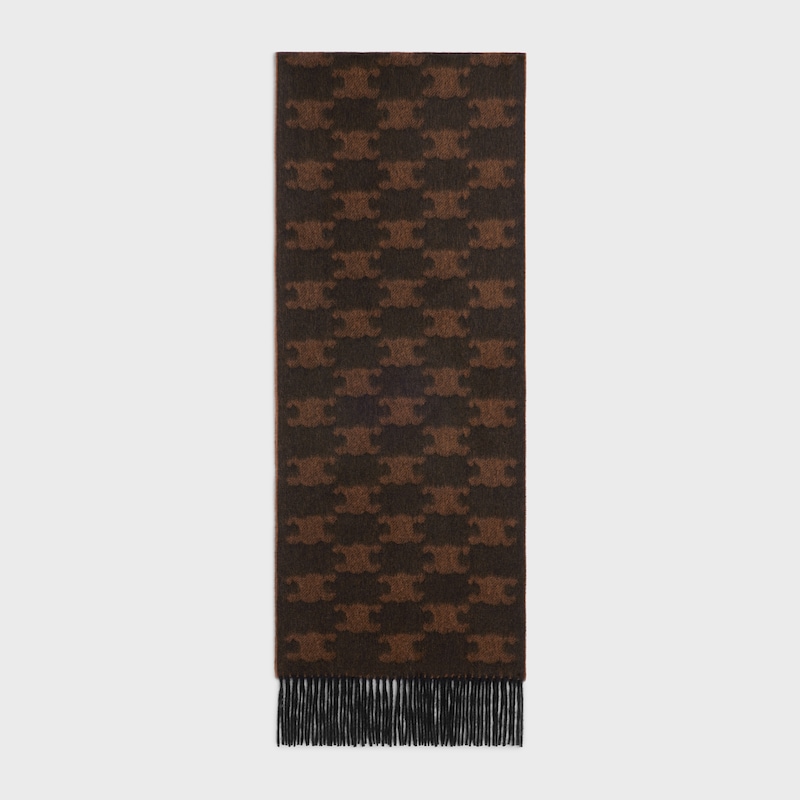 fringed scarf in monogram cashmere - BLACK / TOFFEE -  - 1 | CELINE
