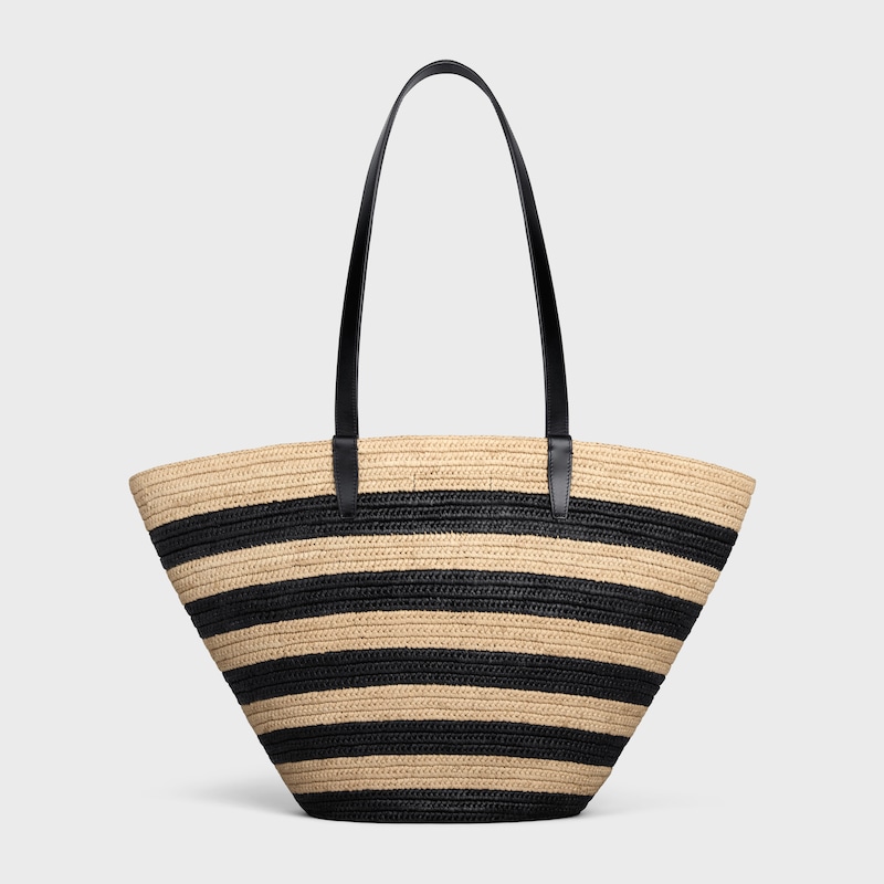 STRIPED COUFFIN Celine Classic Panier in RAFFIA AND CALFSKIN - NATURAL / BLACK - CLASSIC PANIER - 1 | CELINE