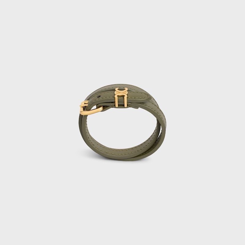 Les Cuirs Celine Double Bracelet in Calfskin and Brass with Gold Finish - GOLD / DARK OLIVE -  - 1 | CELINE