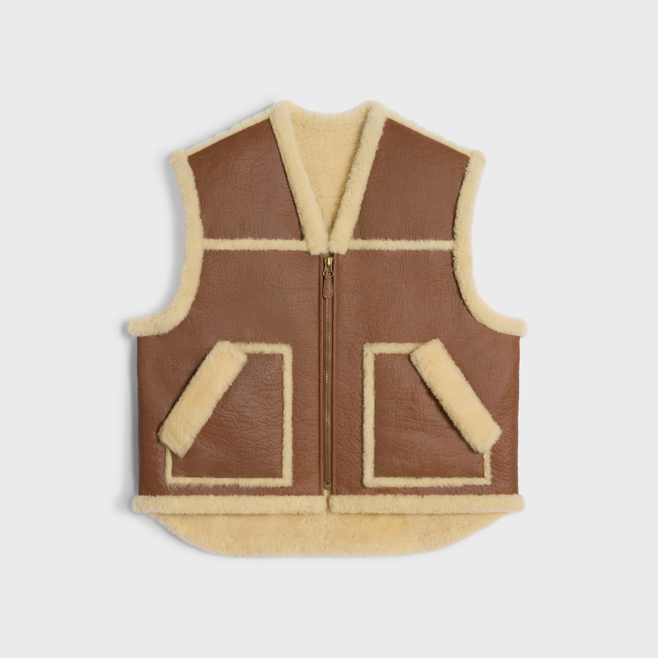 vintage-finish vest in shearling - TAN / CREAM | CELINE
