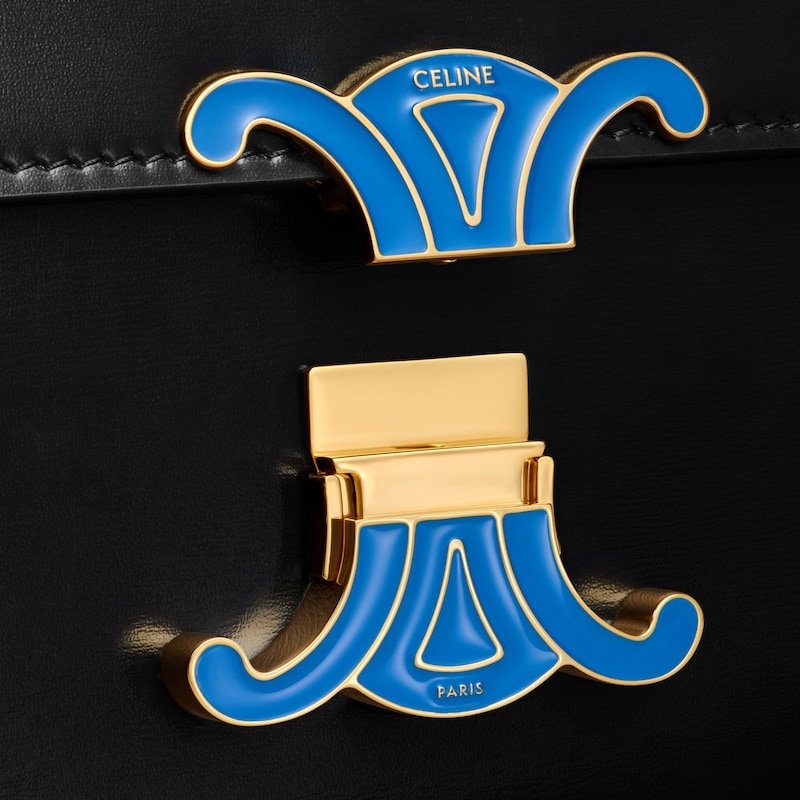 TEEN TRIOMPHE BAG IN SHINY CALFSKIN WITH ENAMEL CLOSURE - BLACK / ULTRA BLUE - NEW - 1 | CELINE