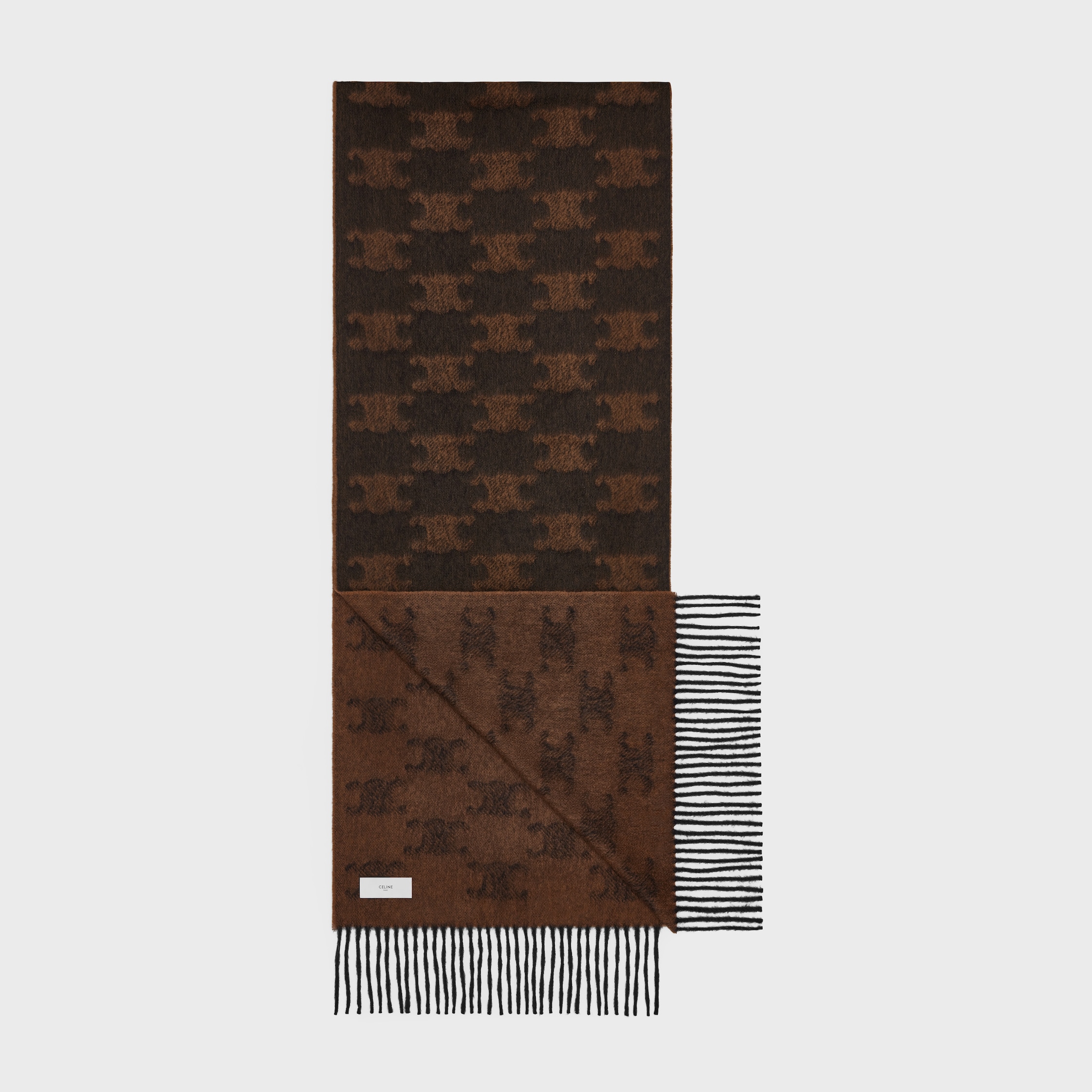 セリーヌ Celine Cashmere Scarf FRINGED SCARF IN MONOGRAM CASHMERE - NOIR/ANTHRACITE | CELINE
