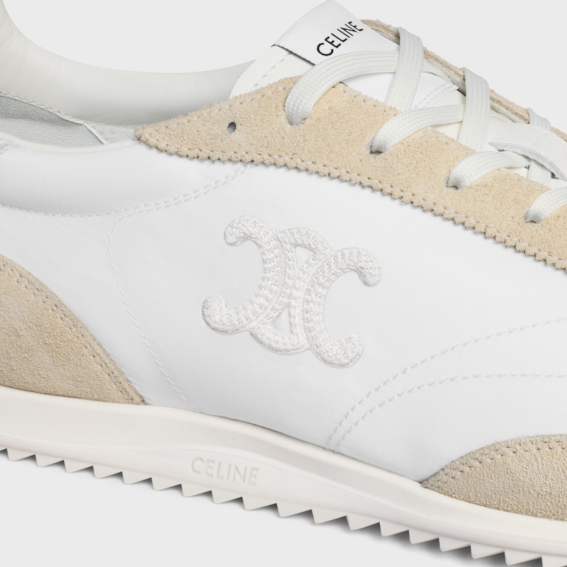 CELINE RACER NIEDRIGER SCHN&Uuml;R-SNEAKER MIT TRIOMPHE AUS NYLON, KALBSVELOURSLEDER UND KALBSLEDER - WOLLWEISS -  - 1 | CELINE