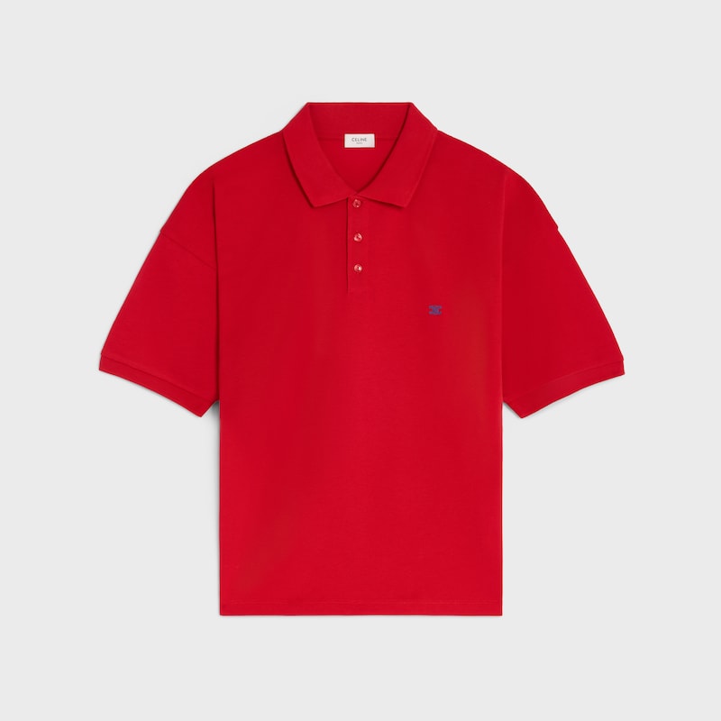 CAMISA POLO EM MALHA PIQUÉ DE ALGODÃO - VERMELHO VIVO/ BLEU DENIM -  - 1 | CELINE