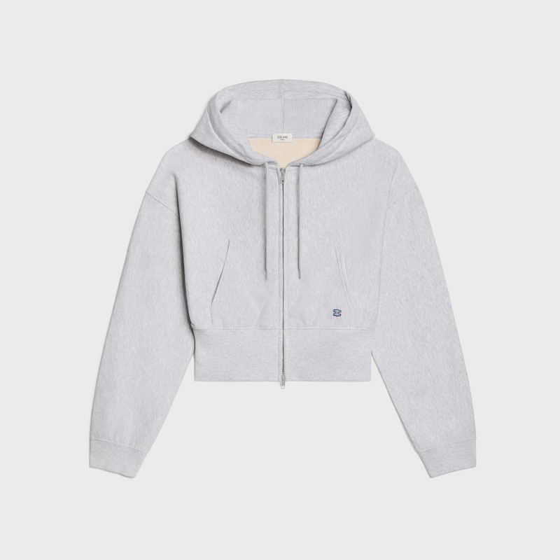 cropped zipped hoodie IN cotton fleece - PALE GREY -  - 1 | CELINE