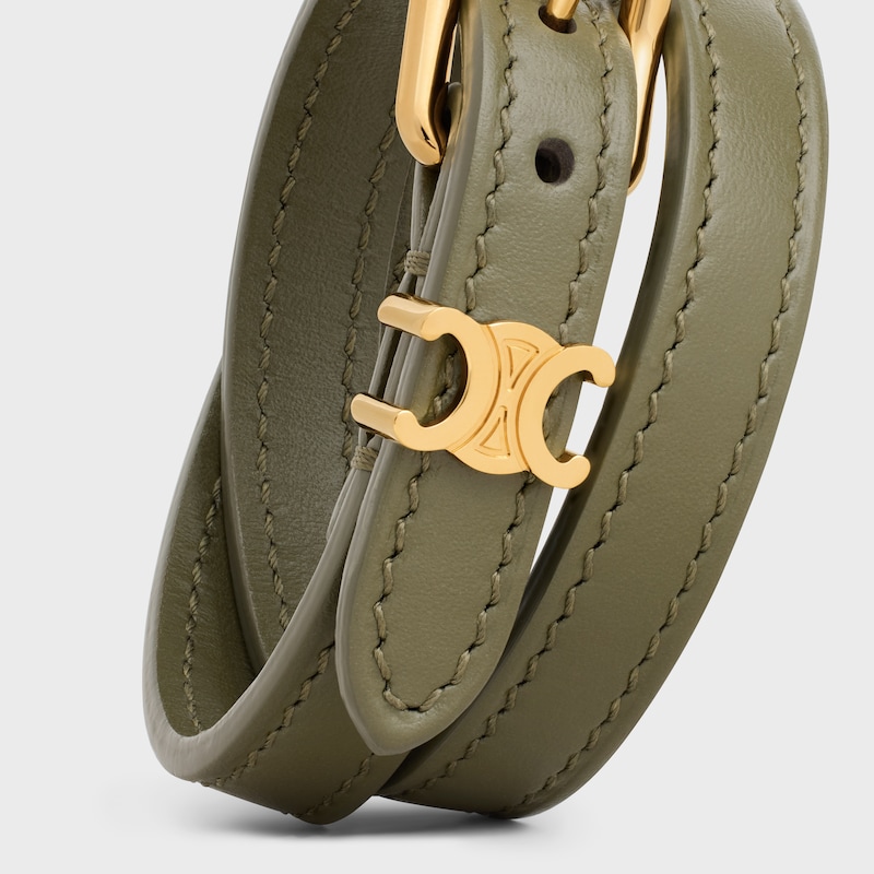 Les Cuirs Celine Double Bracelet in Calfskin and Brass with Gold Finish - GOLD / DARK OLIVE -  - 1 | CELINE