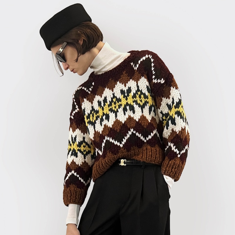 crewneck sweater IN fair isle wool - BROWN/ECRU/YELLOW -  - 1 | CELINE