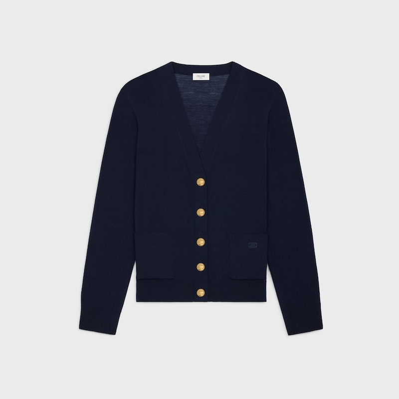 เสื้อคาร์ดิแกนผ้าวูลลายทรียงฟ์ - สีกรมท่า -  - 1 | CELINE