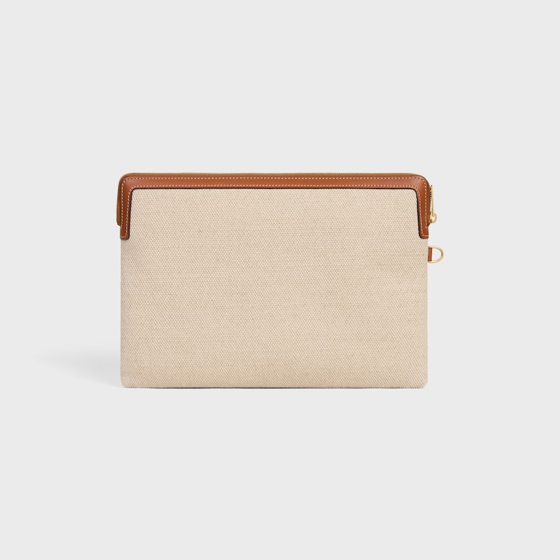 SMALL POUCH WITH STRAP IN TEXTILE WITH ANCHOR EMBROIDERY AND CALFSKIN - NATURAL / TAN - POUCHES AND TECH ACCESSORIES - 1 | CELINE