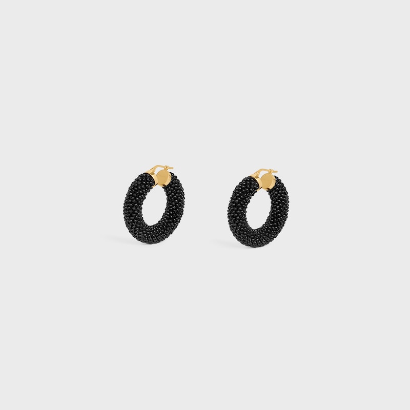 Celine Défilé Bold Hoops in Glass Beads and Brass with Gold Finish - BLACK / GOLD - EARRINGS - 1 | CELINE