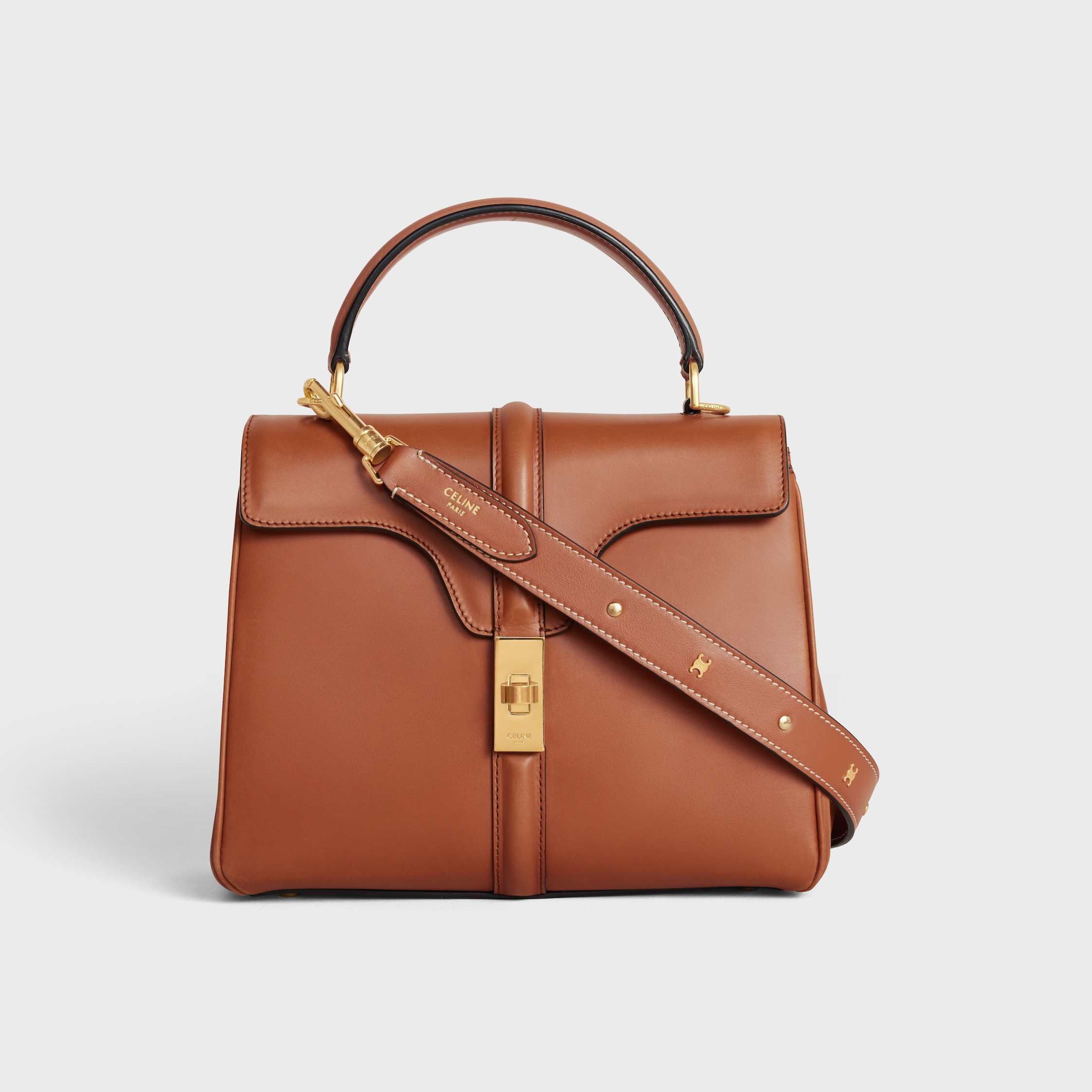 LONG STRAP in smooth CALFSKIN WITH TRIOMPHE STUDS with Gold