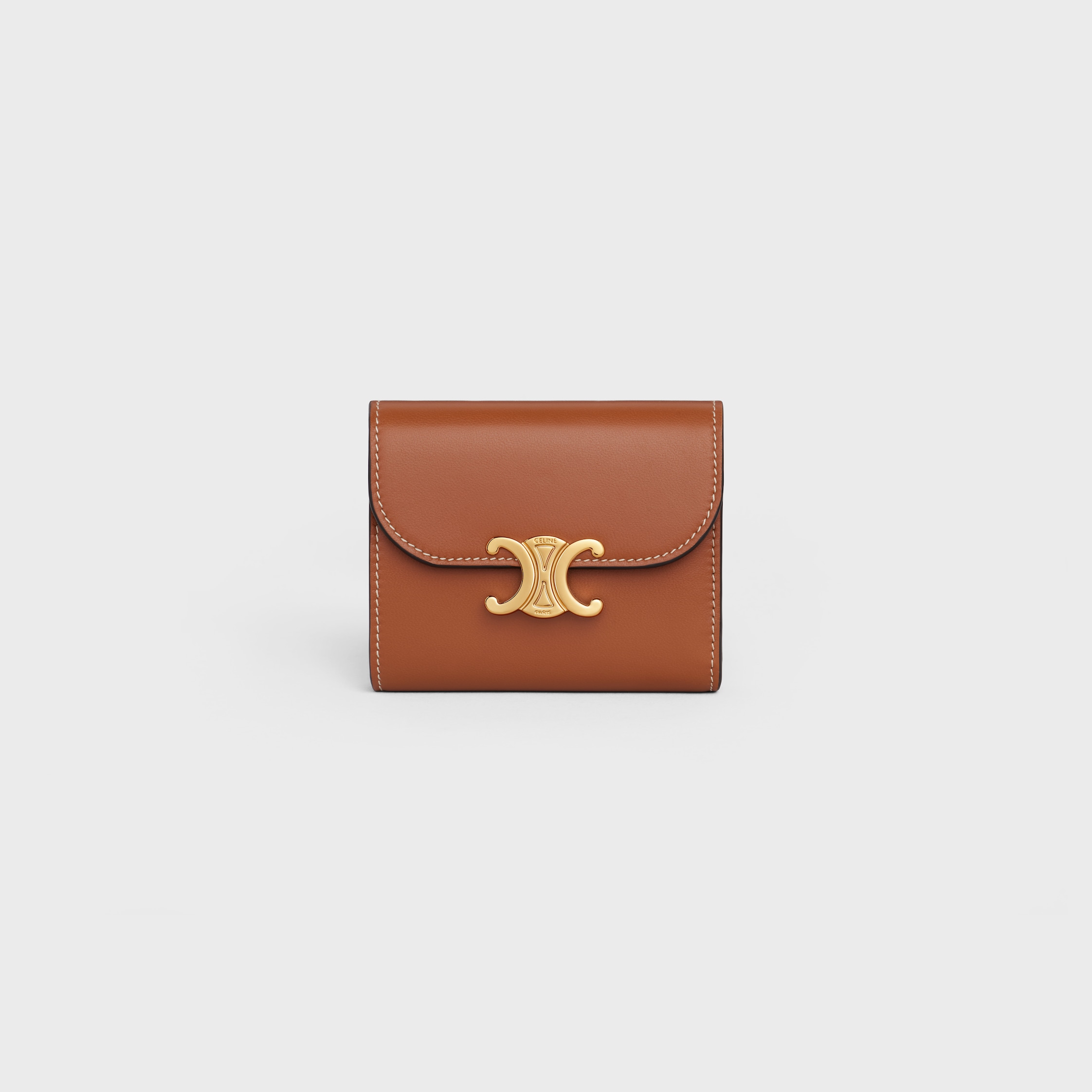 SMALL FLAP WALLET TRIOMPHE IN SHINY SMOOTH LAMBSKIN - TAN