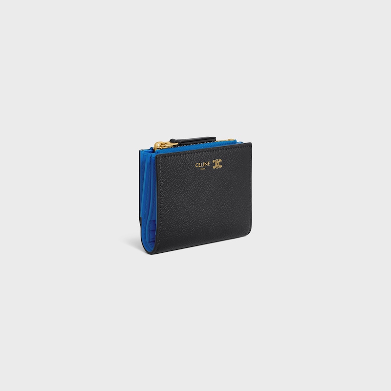 COMPACT WALLET TRIOMPHE STAMP IN SUPPLE GRAINED CALFSKIN - BLACK / ULTRA BLUE - NEW - 1 | CELINE
