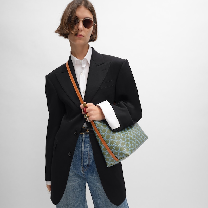 SOFT SHOPPER BAG IN TRIOMPHE CANVAS AND CALFSKIN - LIGHT KAKI / SKY BLUE - HOBO AND TOTE BAGS - 1 | CELINE