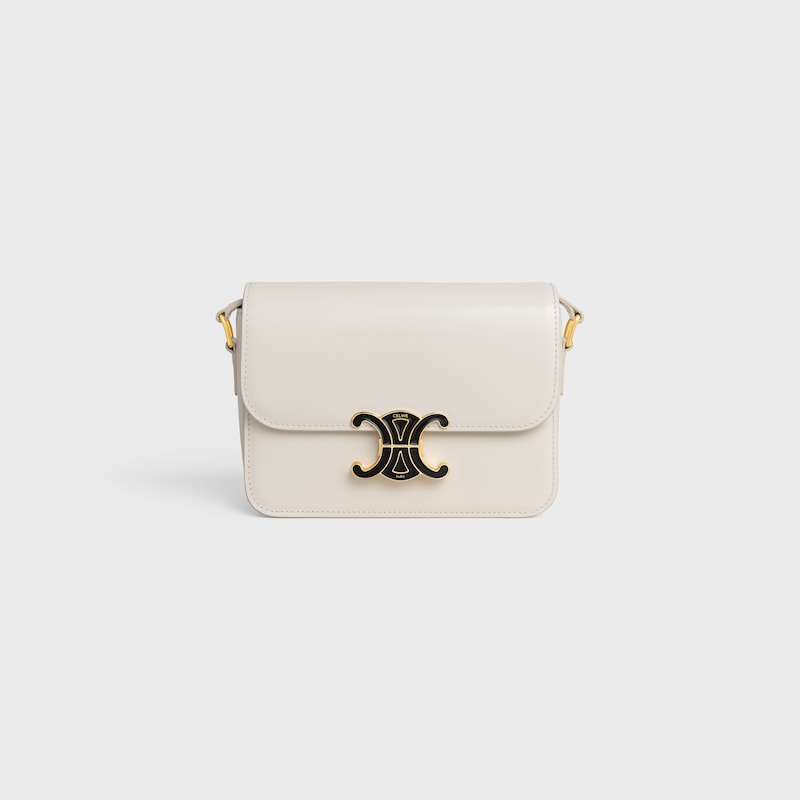 TEEN TRIOMPHE AUS GL&Auml;NZENDEM KALBSLEDER MIT EMAILLE-VERSCHLUSS - WEISSE BAUMWOLLE / SCHWARZ - SCHULTERTASCHEN - 1 | CELINE