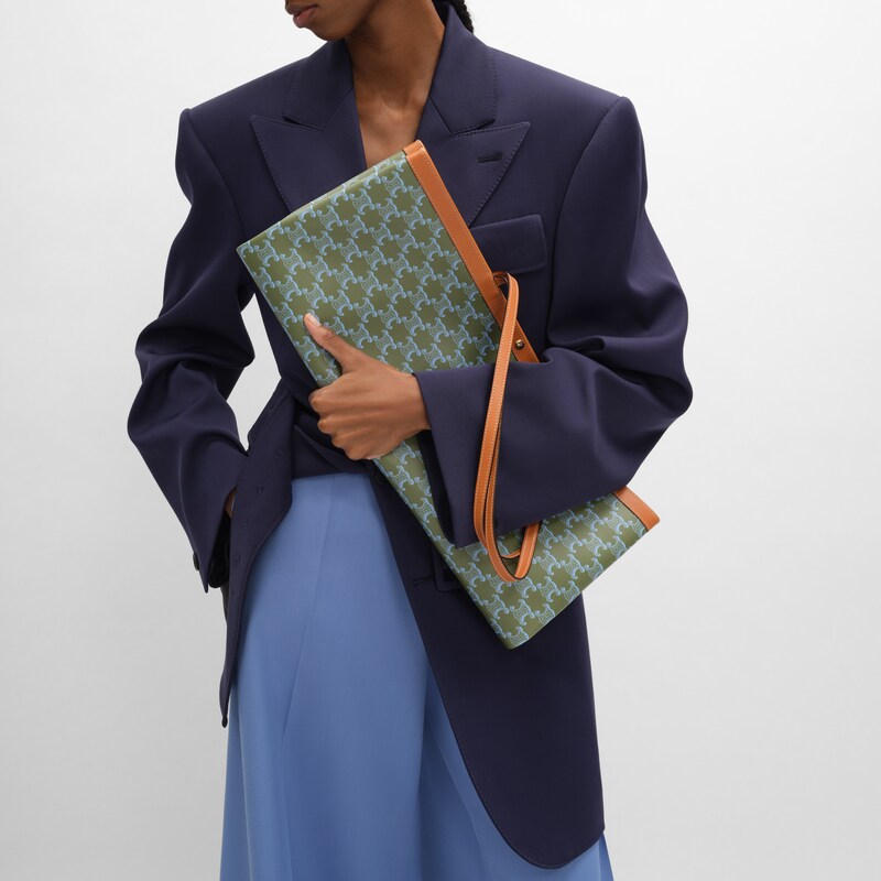 LARGE FLAT SHOPPER IN Triomphe Canvas - LIGHT KAKI / SKY BLUE - TOP-HANDLE BAGS - 1 | CELINE