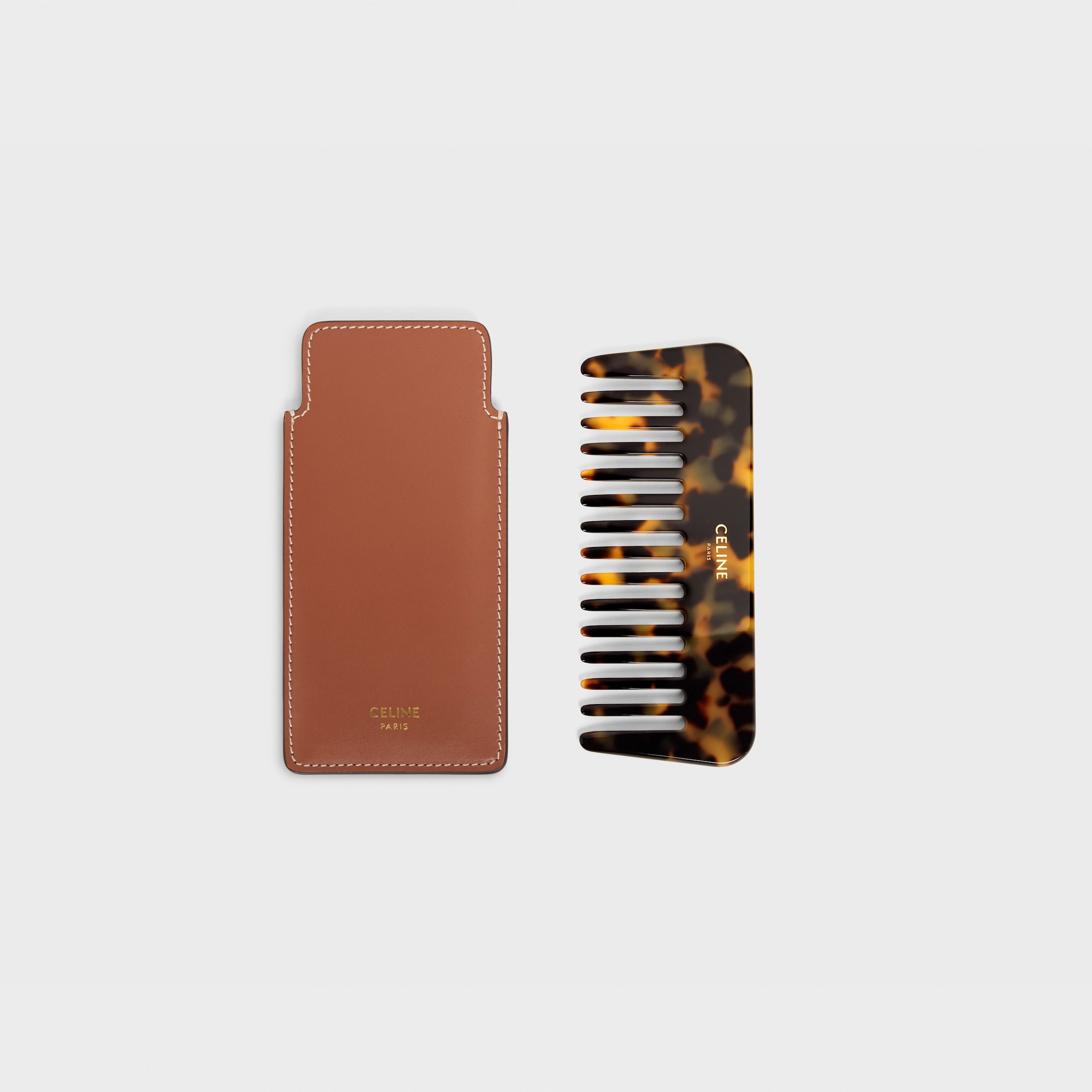 CELINE コーム Hair Comb with Case in Natural Calfskin - Tan | CELINE
