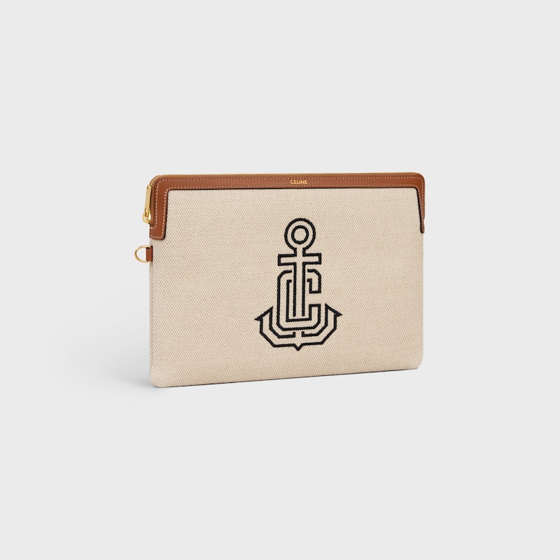 SMALL POUCH WITH STRAP IN TEXTILE WITH ANCHOR EMBROIDERY AND CALFSKIN - NATURAL / TAN - POUCHES AND TECH ACCESSORIES - 1 | CELINE