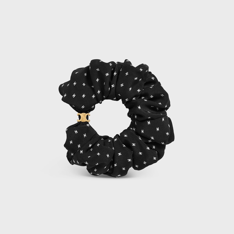 Celine Micro Triomphe Scrunchy in Silk and Brass with Gold Finish - Black / Gold - HAIR ACCESSORIES - 1 | CELINE
