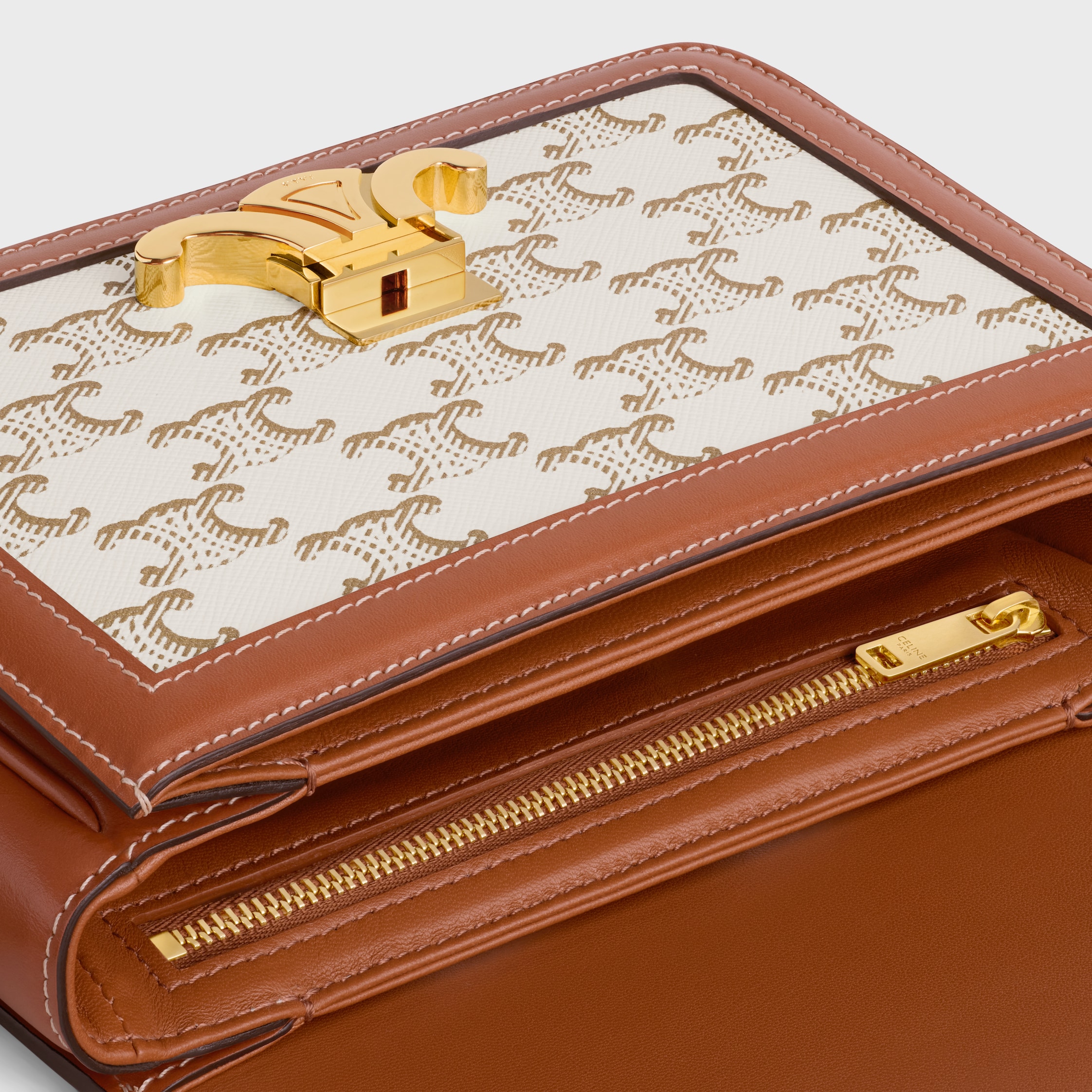 CELINE｜ (Teen Triomphe Bag in Triomphe Canvas (188882BZ TEEN TRIOMPHE BAG IN Triomphe Canvas and Calfskin - Tan | CELINE