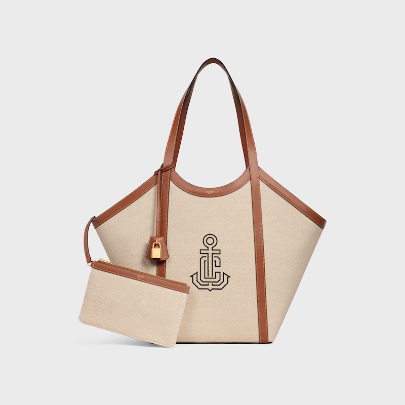 LARGE CABAS IN TEXTILE WITH ANCHOR EMBROIDERY AND CALFSKIN - NATURAL / TAN - &Eacute;T&Eacute; CELINE - 1 | CELINE