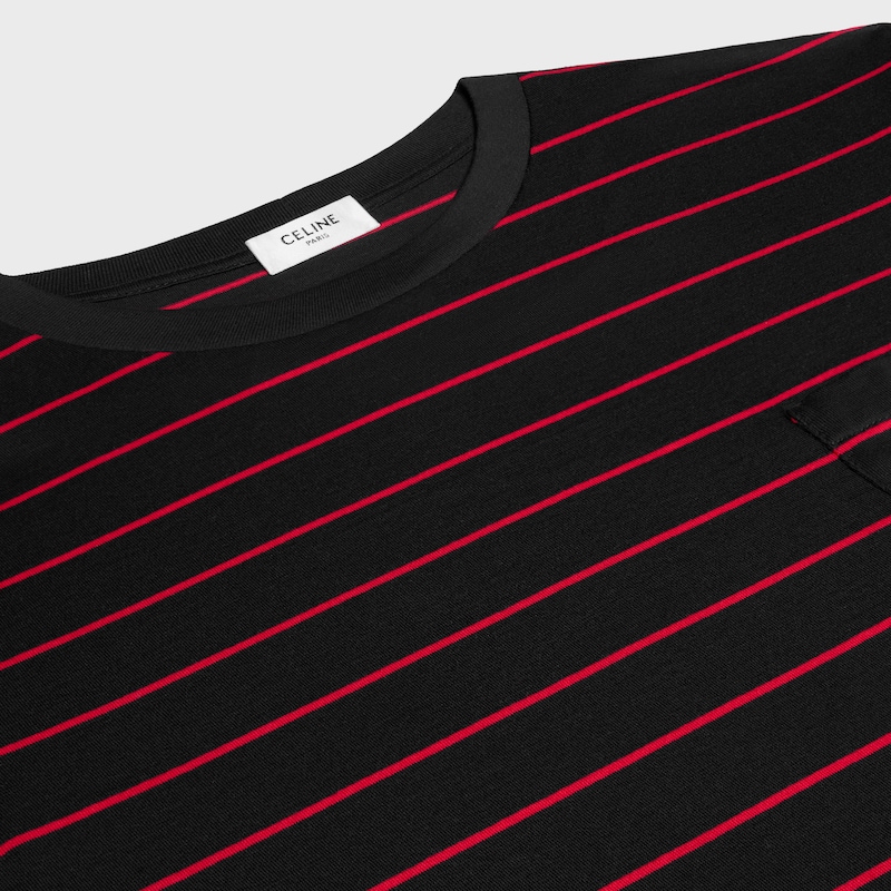 Triomphe條紋平紋針織標準T恤 - 黝黑色 / 紅色 / 亞麻色 -  - 1 | CELINE