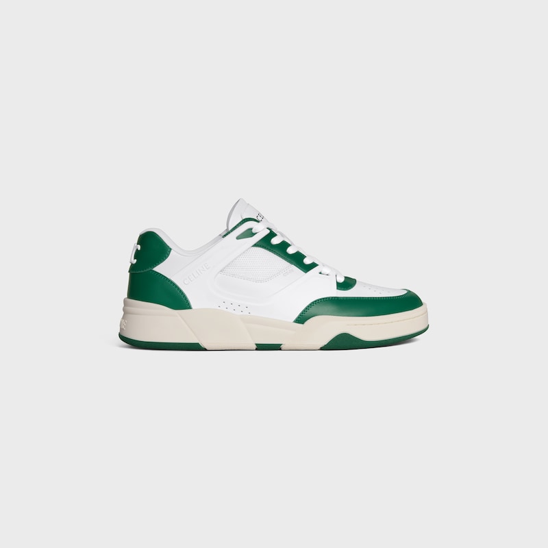 CELINE TRAINER CT-09 LOW LACE-UP SNEAKER IN CALFSKIN AND MESH - Optic White/Dark Green/Beige -  - 1 | CELINE
