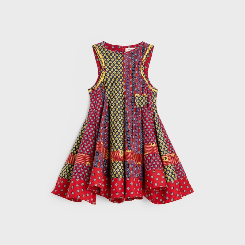 patchwork dress IN printed silk twill - RED/BLUE/BLACK -  - 1 | CELINE