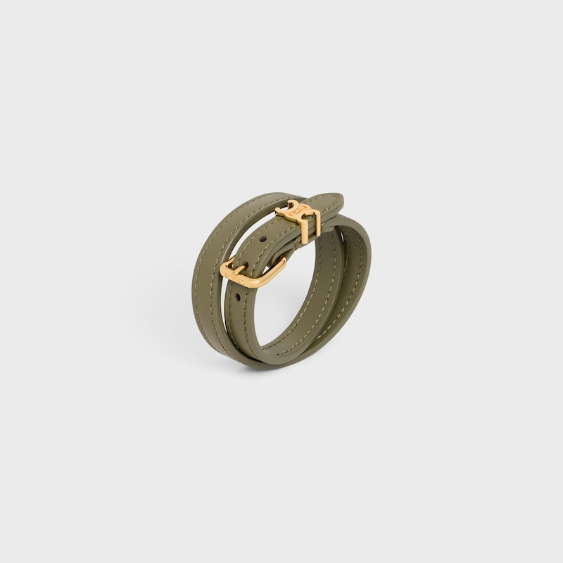Les Cuirs Celine Double Bracelet in Calfskin and Brass with Gold Finish - GOLD / DARK OLIVE -  - 1 | CELINE