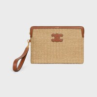 SMALL POUCH WITH STRAP IN raffia effect textile and calfskin - TAN - NEW - 1 | CELINE