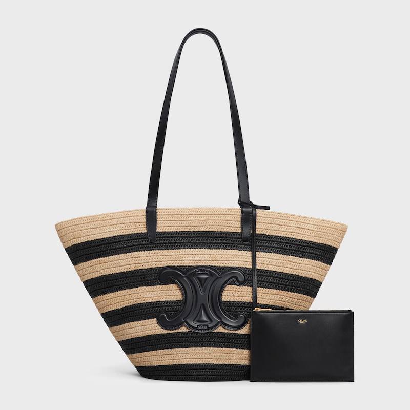 STRIPED COUFFIN Celine Classic Panier in RAFFIA AND CALFSKIN - NATURAL / BLACK - CLASSIC PANIER - 1 | CELINE