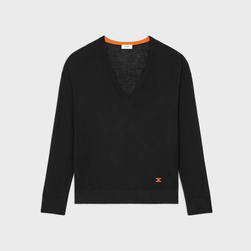 v-neck sweater IN cashmere - BLACK/ORANGE -  - 1 | CELINE