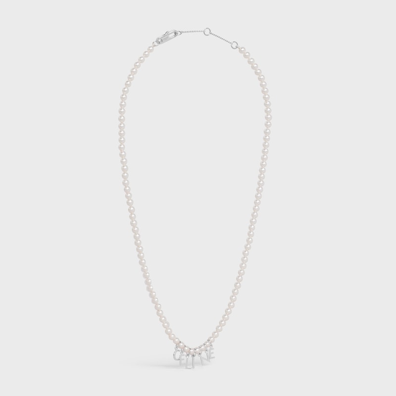 Celine Monochroms Necklace in Glass Pearls and Brass with Rhodium Finish - IVORY / SILVER - SMALL GIFTS - 1 | CELINE