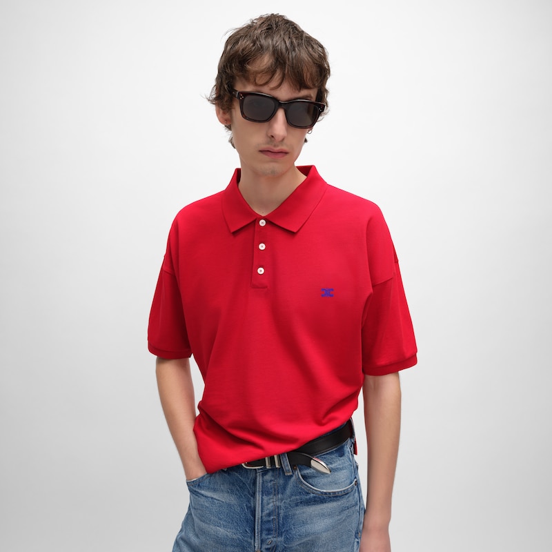 CAMISA POLO EM MALHA PIQUÉ DE ALGODÃO - VERMELHO VIVO/ BLEU DENIM -  - 1 | CELINE