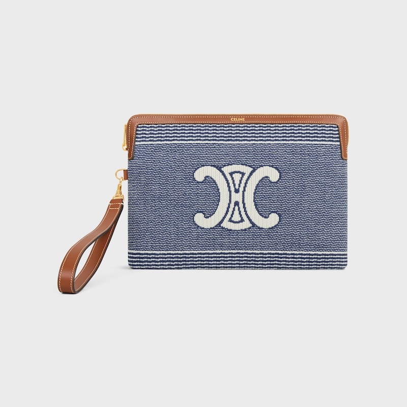 SMALL POUCH WITH STRAP IN Striped Textile With Triomphe - BLUE / BEIGE - POUCHES AND TECH ACCESSORIES - 1 | CELINE