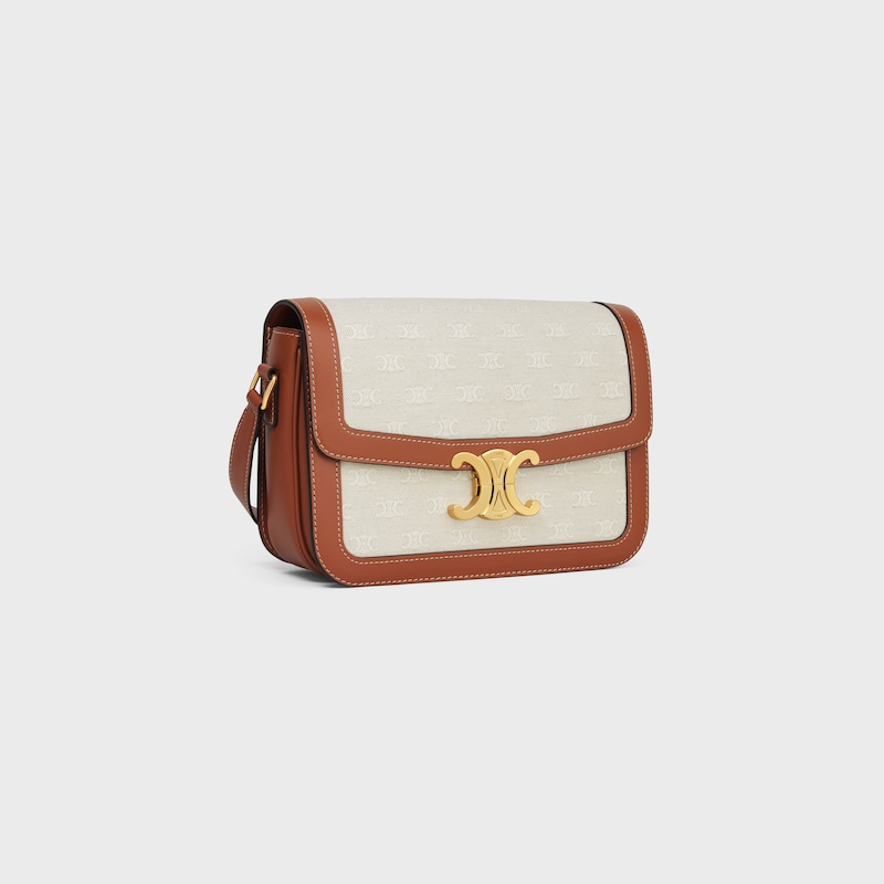 Classique Triomphe Bag in TEXTILE WITH TRIOMPHE ALL-OVER AND CALFSKIN - NATURAL / TAN - SHOULDER BAGS - 1 | CELINE