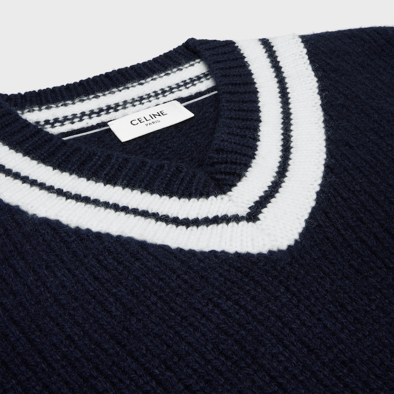 v-neck sweater IN cashmere - NAVY / WHITE -  - 1 | CELINE