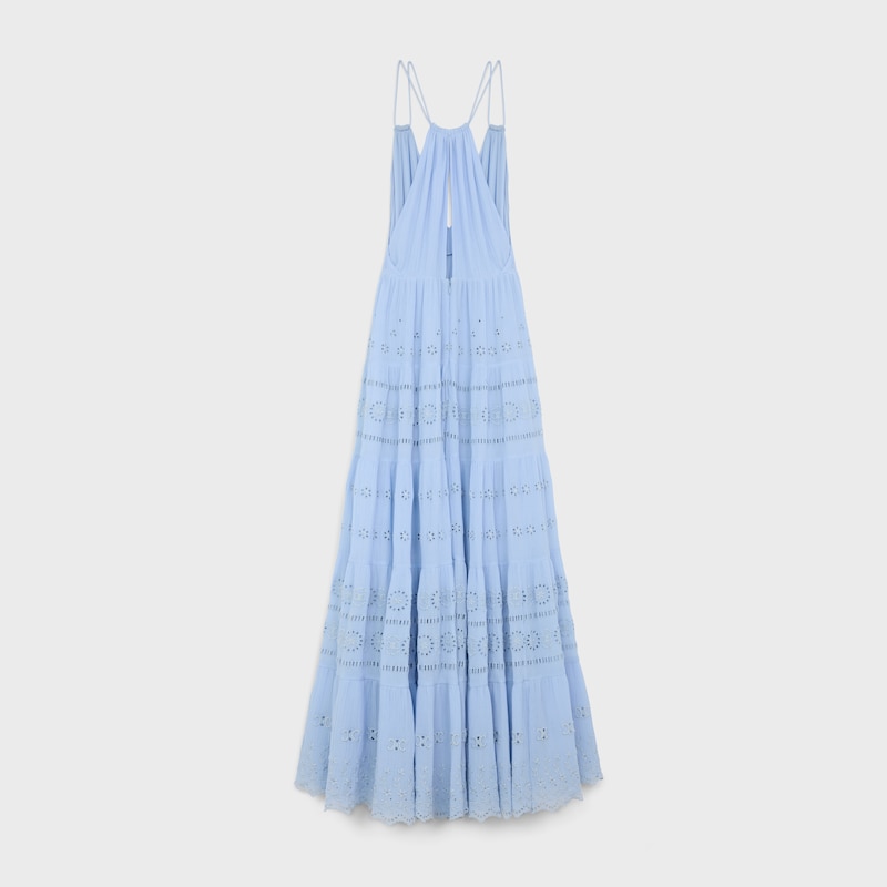 embroidered long dress in cotton silk crepon - BLEU CIEL -  - 1 | CELINE