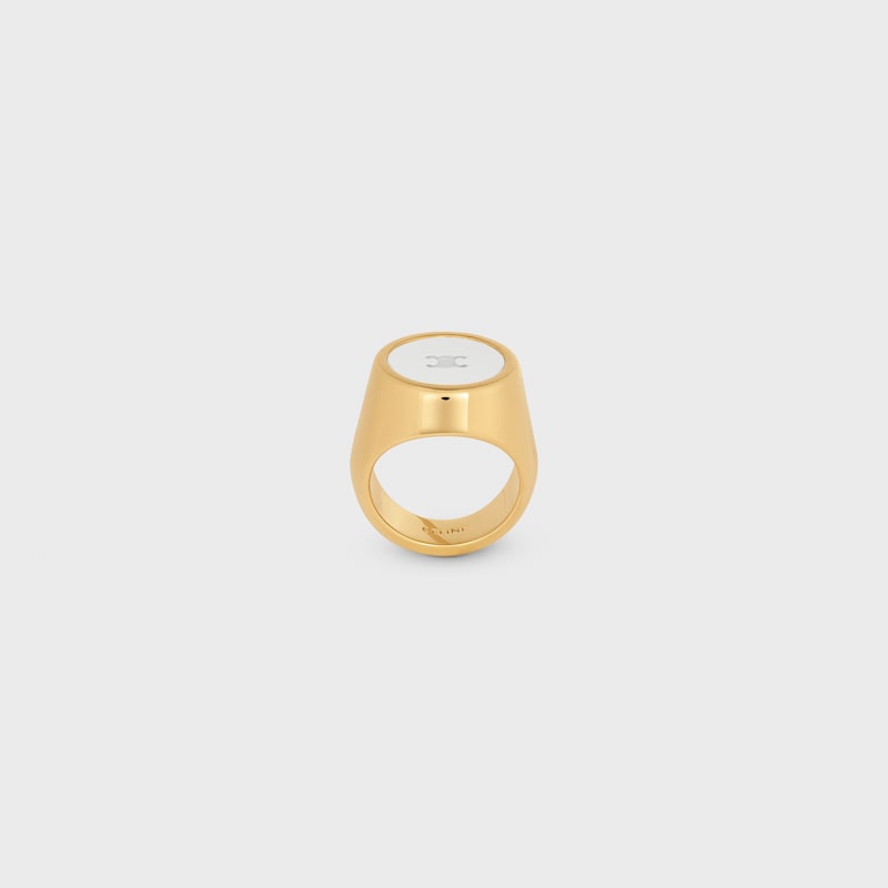 Triomphe Signet Ring in Varnish and Brass with Gold Finish - IVORY / GOLD -  - 1 | CELINE